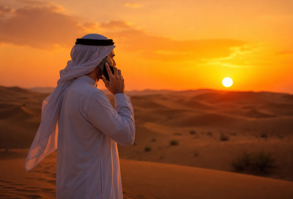 Dubaianer 2 mit Handy in der Wüste,Photography Rüdiger Schulze